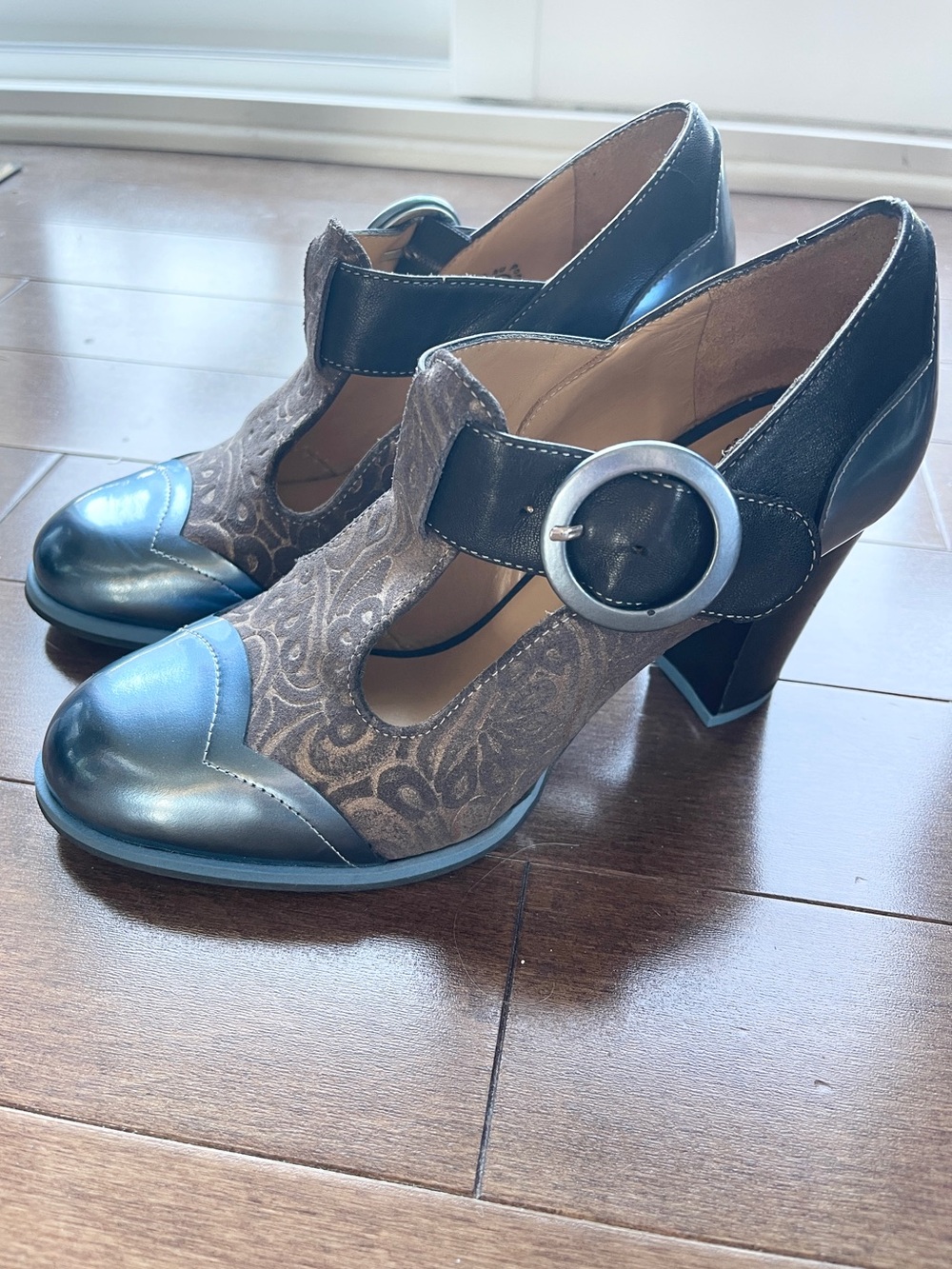 John Fluevog Ilona Attic T-Strap Blue and Brown Embossed Mary Jane Heels